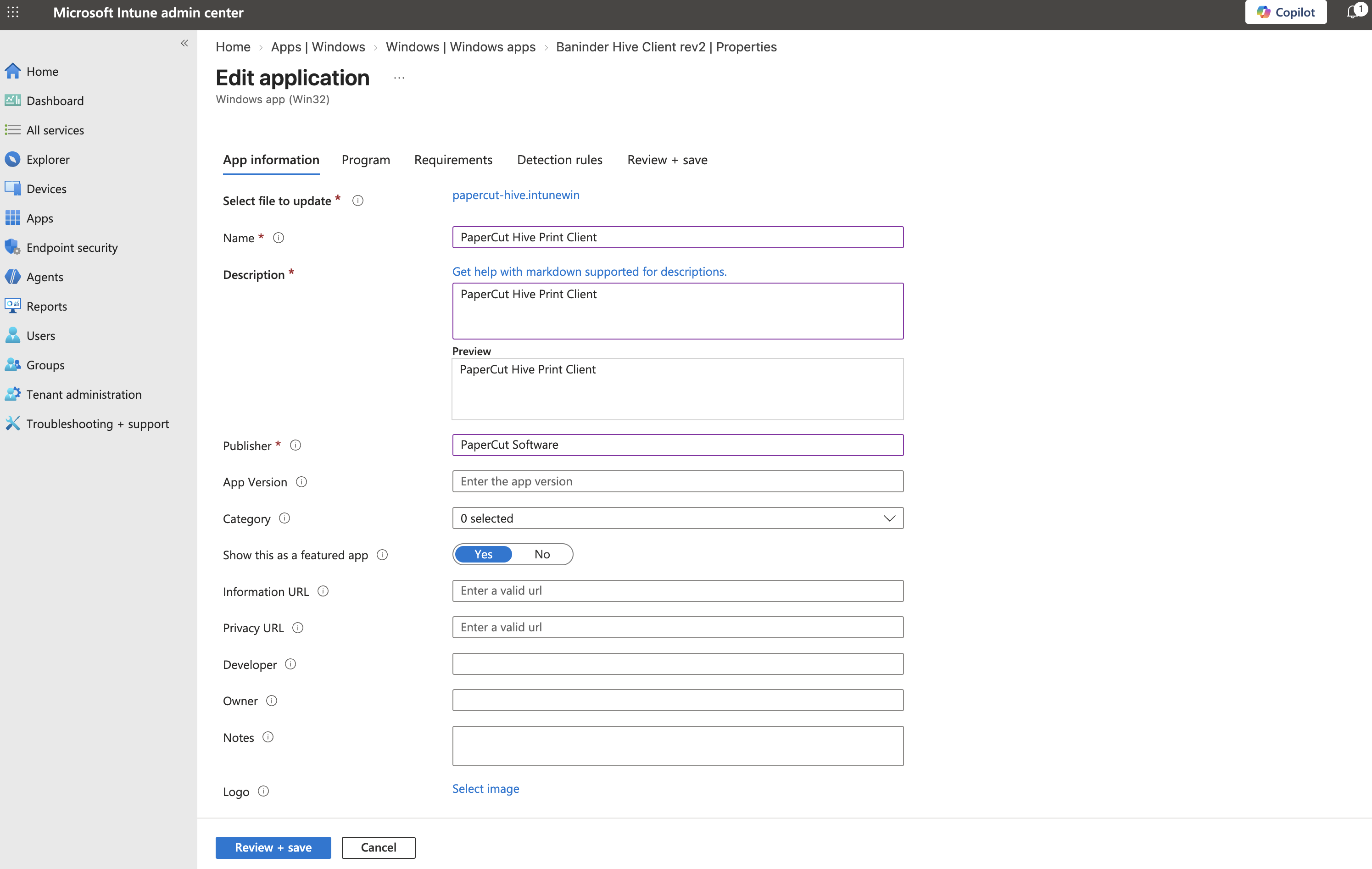 Microsoft Intune admin center, Add App page, App information tab showing the required fields filled out